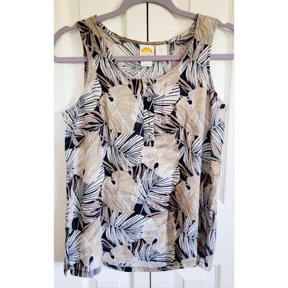C&C California S Sleeveless Linen Size Small Top Blouse Brown Leaves Tropics NWT